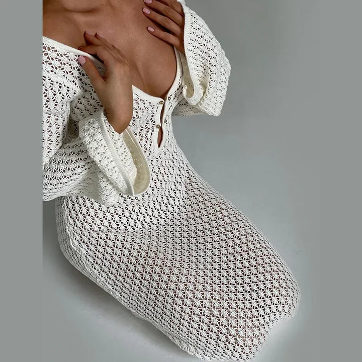 Knitted Maxi Beach Dress with Open Back and Pearl Pin Decoration - Lina