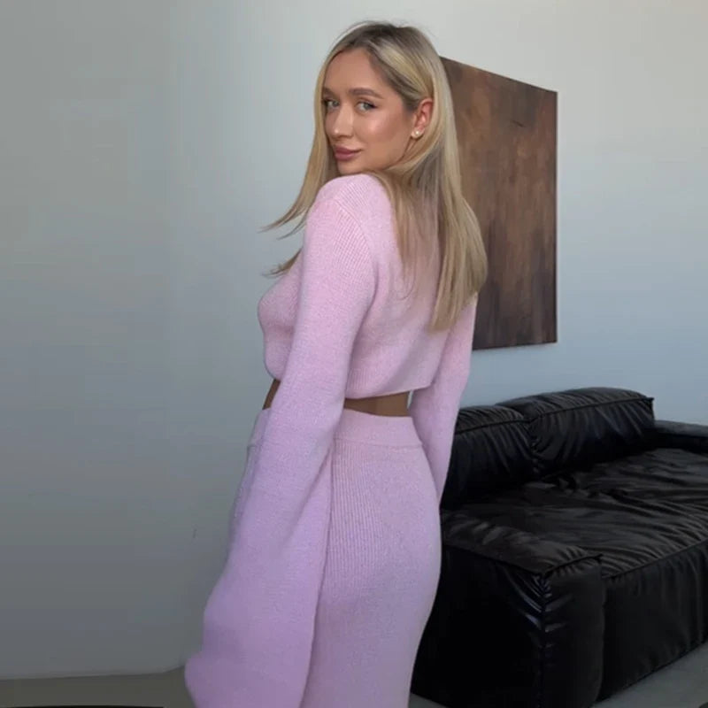 Two-piece knitted set with maxi skirt and tie-up top - Yamit