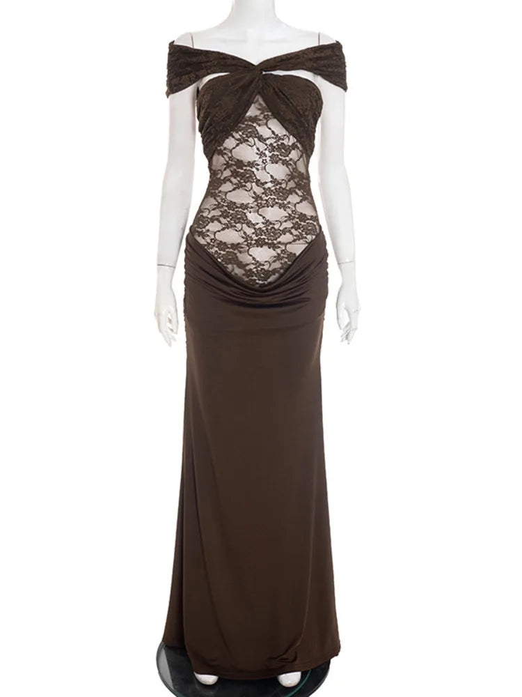 Maxi off-shoulder dress with lace design - LINI