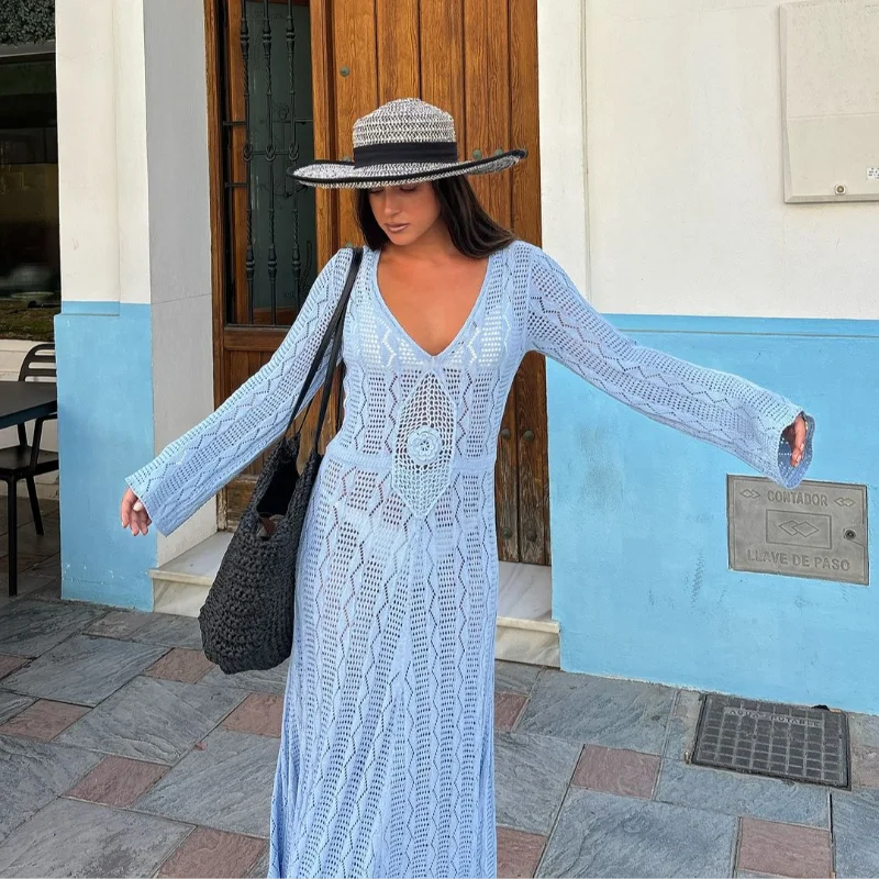 Knitted Maxi Beach Dress with Flower Decoration - Beatrice