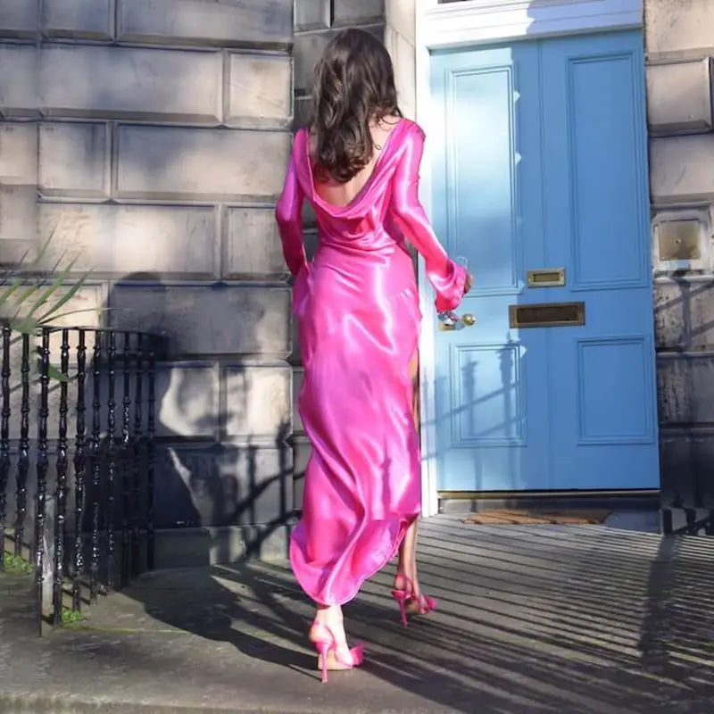 Maxi satin evening dress with open back, slit, and bell sleeves - Marian