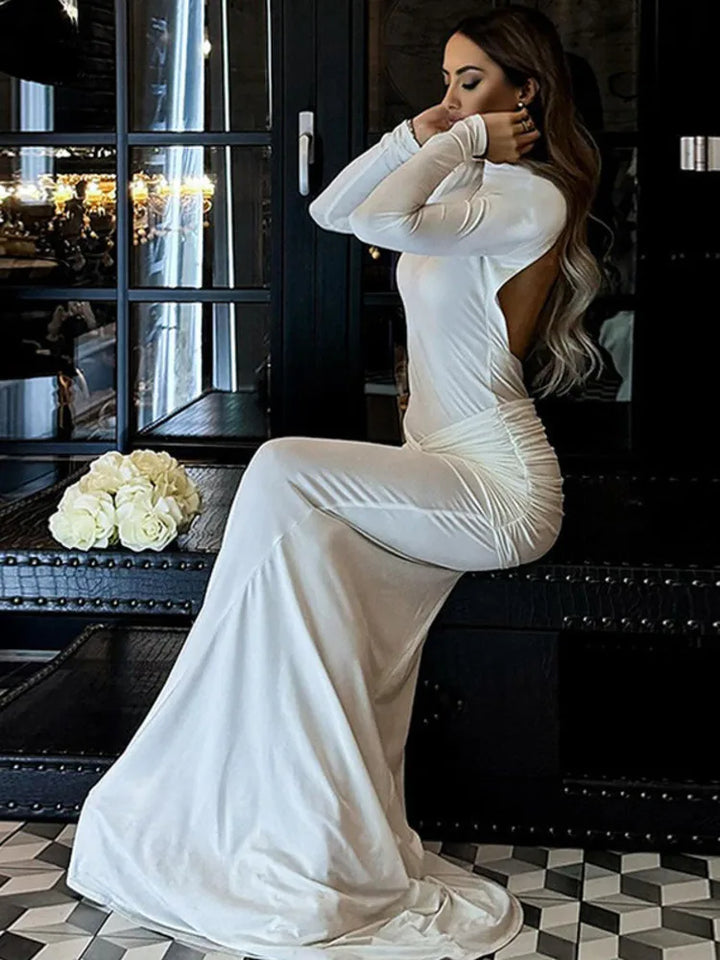 Turtleneck open-back maxi dress with ruching decoration - Ilayil