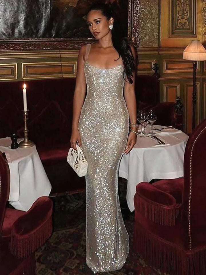 Sequin maxi dress with open back - SPARKLE
