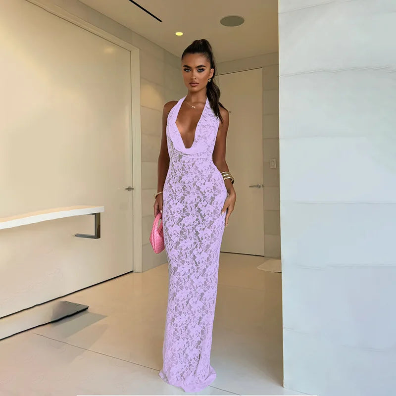 Lace Maxi Dress with Open Back and Draped Collar - Vanilia