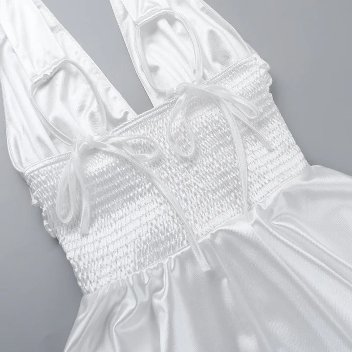 Satin mini dress with ruching and tie design on the straps - Celia