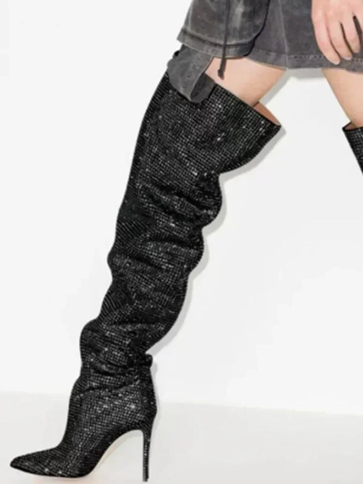 High Pointed Heel Boots with Sparkling Rhinestone Design - Josie