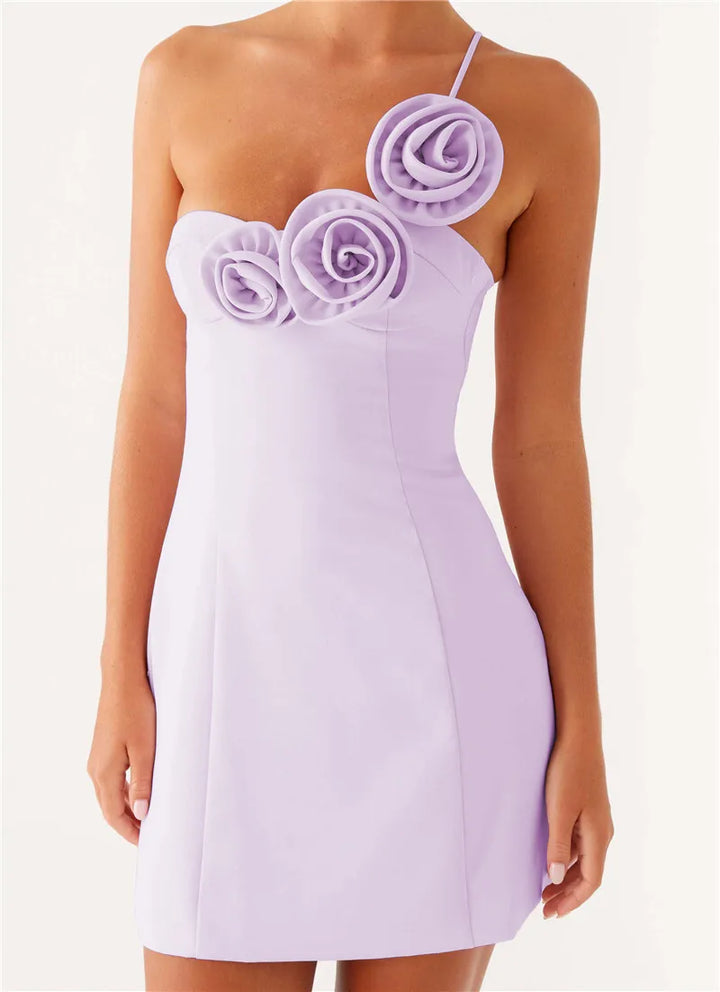 Mini Dress with Floral Applique and One Shoulder Strap - Annika