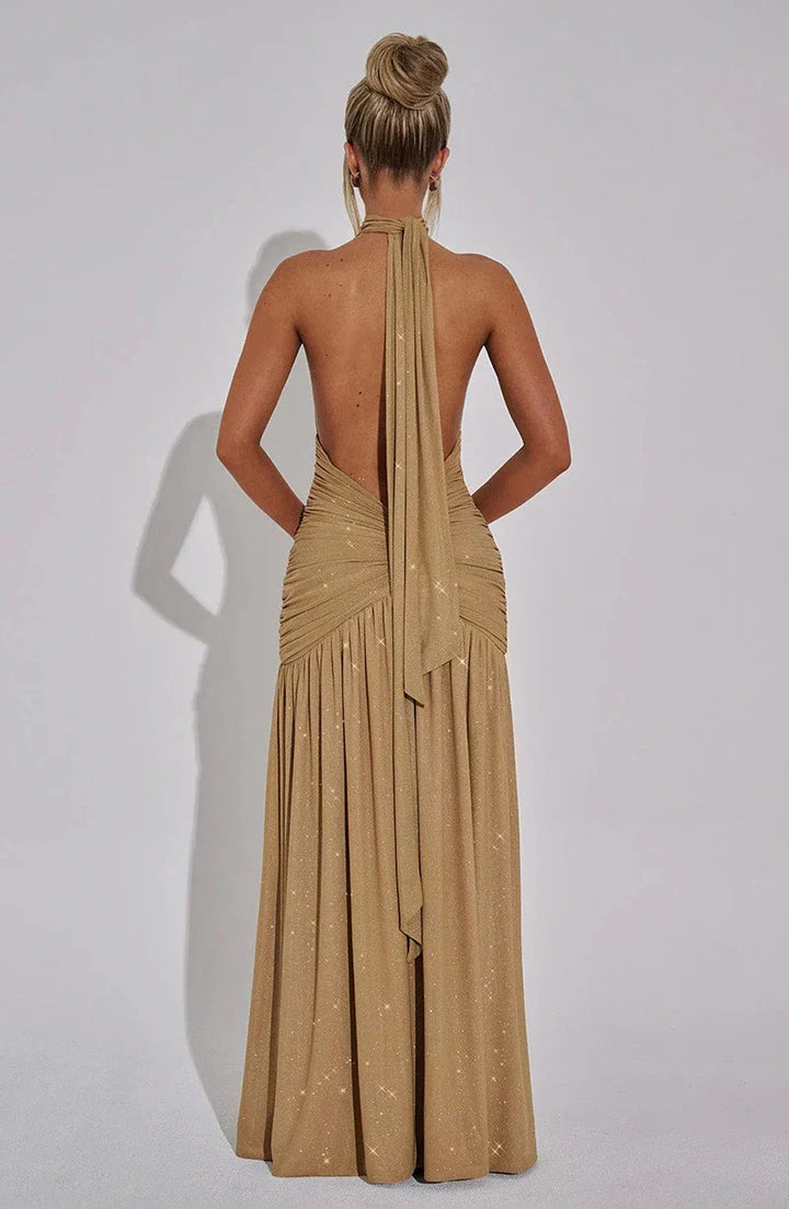 Glitter Maxi Dress with Slit, Deep V-Neck, Open Back, and Neck Tie - Emery