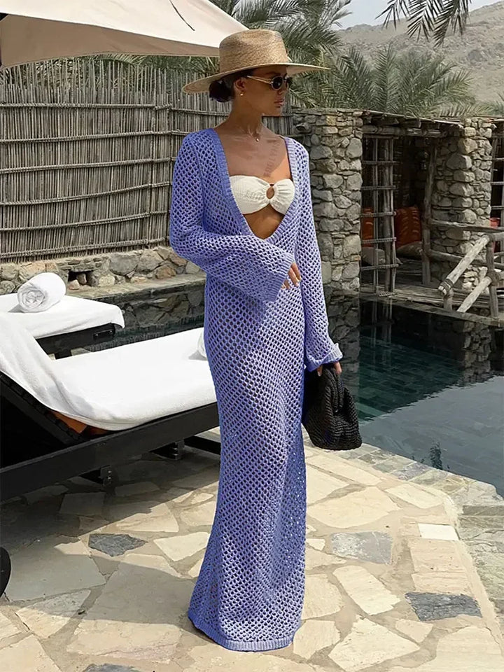 Mesh Maxi Beach Dress with Open Chest/Back - Amber