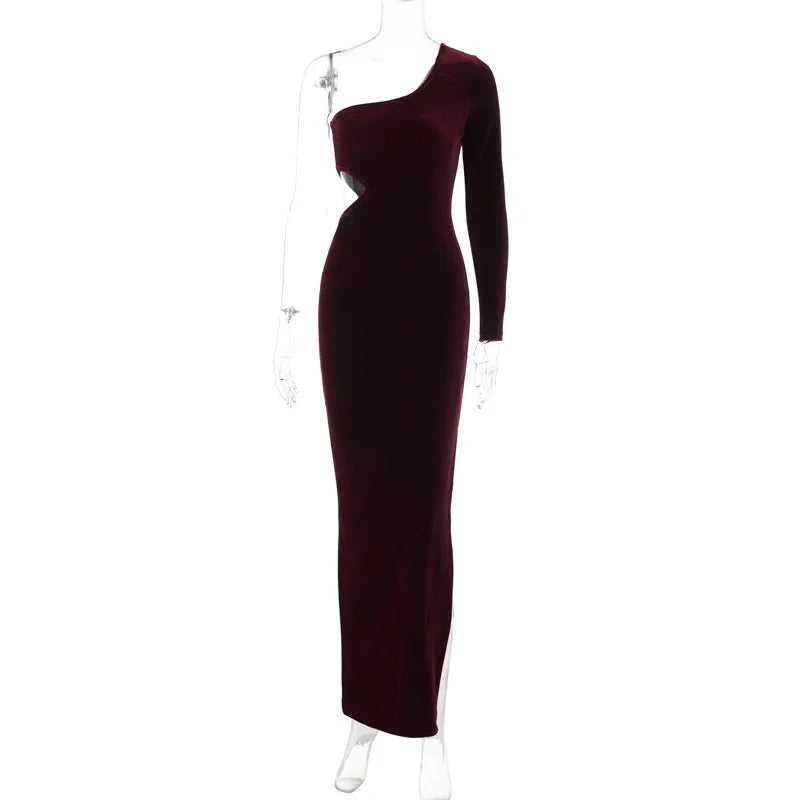 Velvet maxi dress with one sleeve and open back - Alina