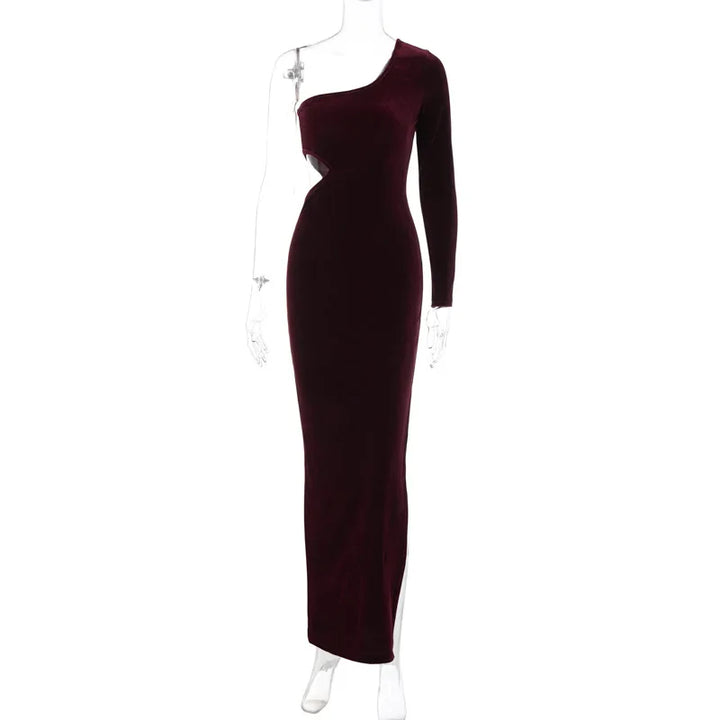 Velvet maxi dress with one sleeve and open back - Alina