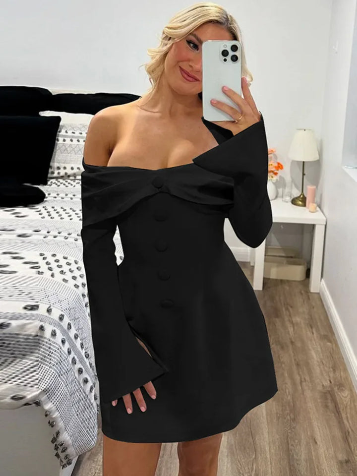 Mini A-line dress with off-shoulder and button decoration - Milian