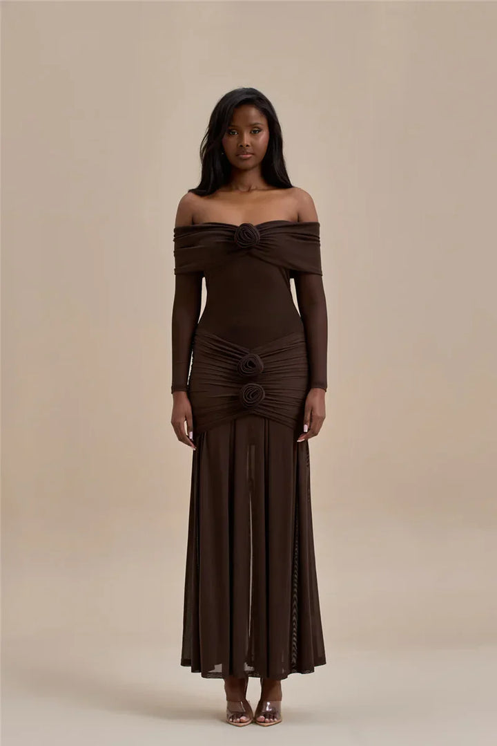 Off-shoulder maxi dress with ruching and floral appliqué decoration - Angelica