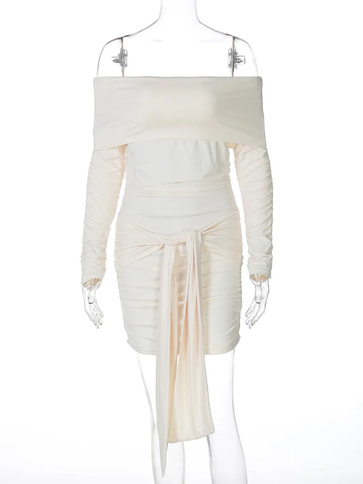 Mini dress with ruching, off-shoulder, and tie decoration - Alice