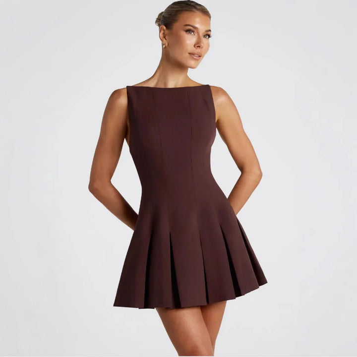 A-line Pleated Mini Dress with Open Back - Judith
