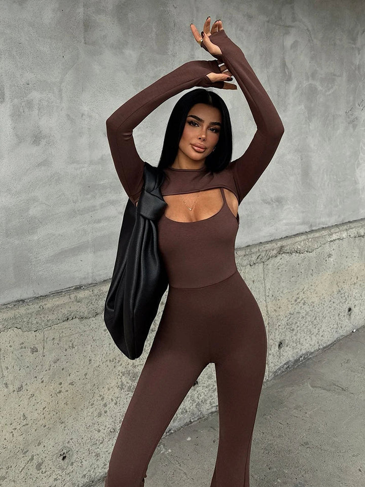 Pedal Pusher Jumpsuit with Shaping Fabric and Overlay Design - Vini