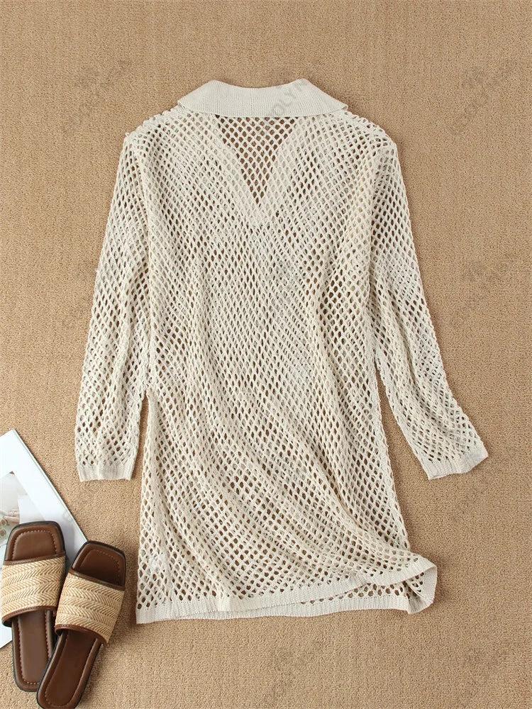 Mesh Mini Beach Dress with Polo Collar Design - Indie