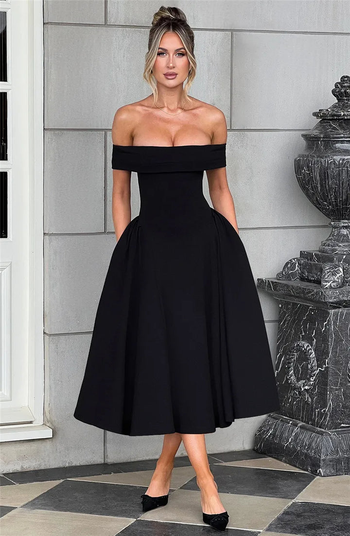Off-Shoulder A-Line Midi Dress - Inbal