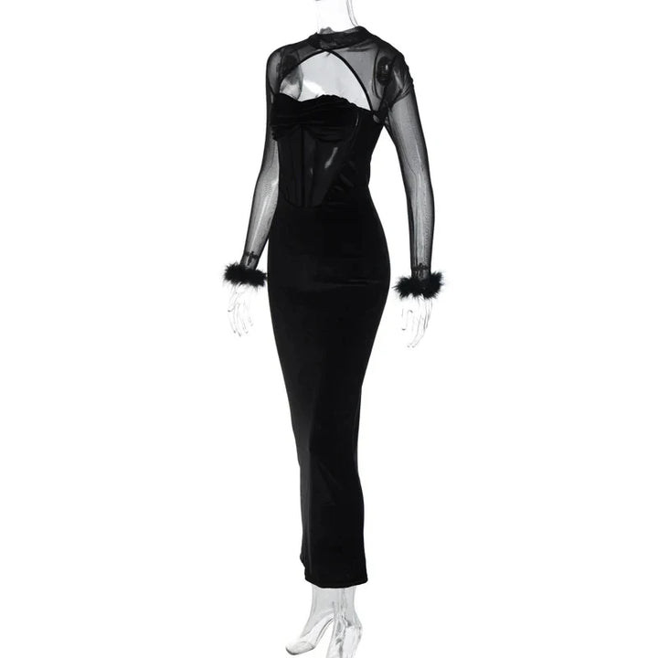 Strapless Velvet Maxi Dress with Corset Design and Mesh Feather Sleeve Detail - Elaina