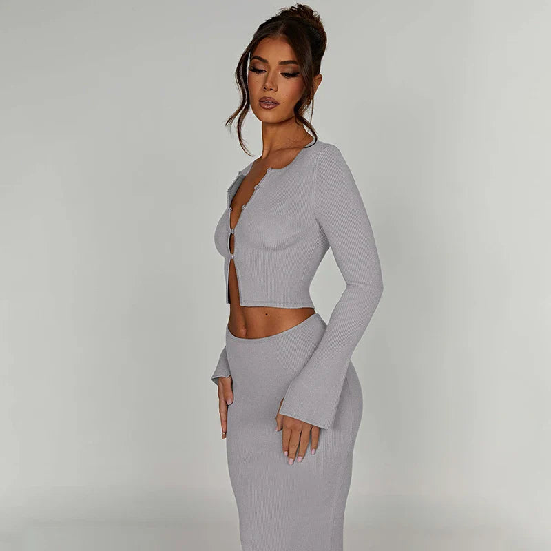 Knitted two-piece set: button-up shirt and fitted maxi skirt - MARIEL