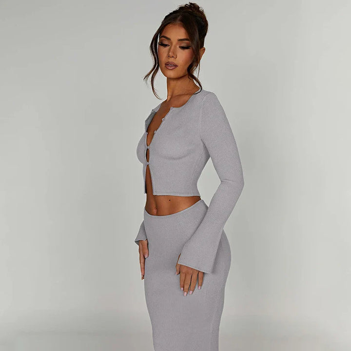 Knitted two-piece set: button-up shirt and fitted maxi skirt - MARIEL