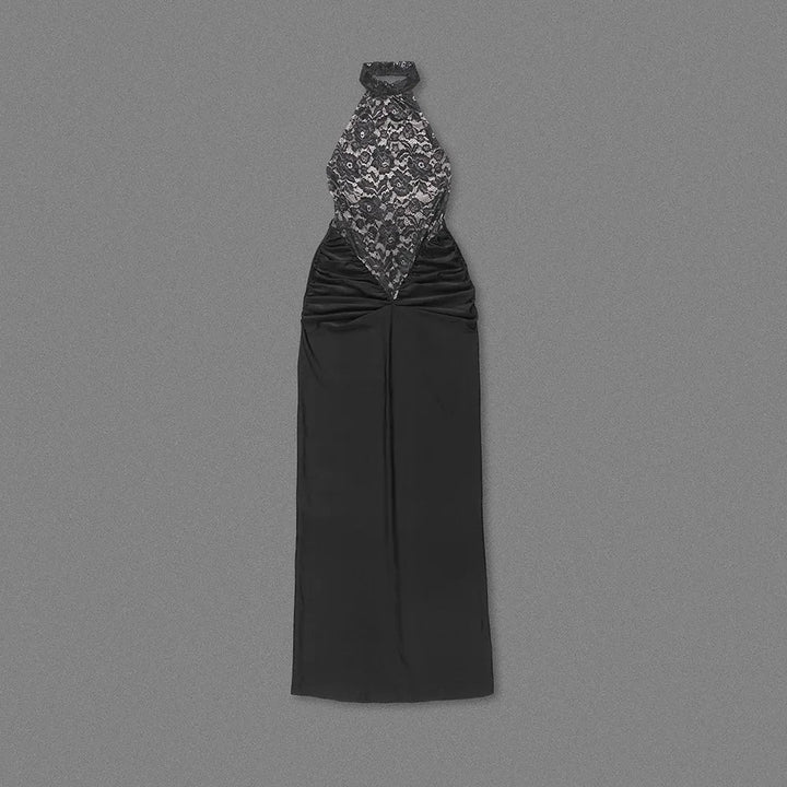 Maxi Dress with Ruching, Collar Cut, Opaque Lace Design, and Open Back - Elliana