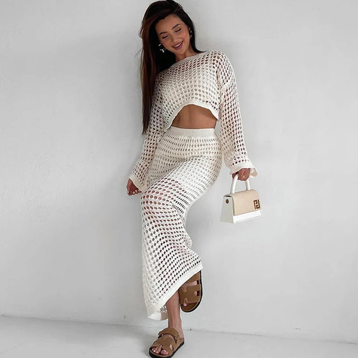Two-Piece Crochet Mesh Set with Maxi Skirt and Crop Top - Blanca