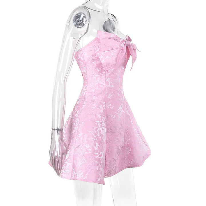 Mini Strapless A-Line Dress with Bow and Floral Embroidery Detail - Alina