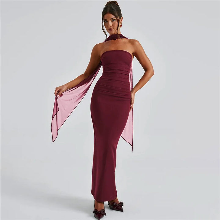Maxi strapless dress with glove and chiffon scarf decoration - Annabel