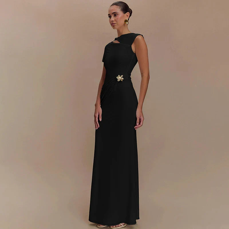 Maxi Open Back Dress with Flower Buckle Detail - Marina