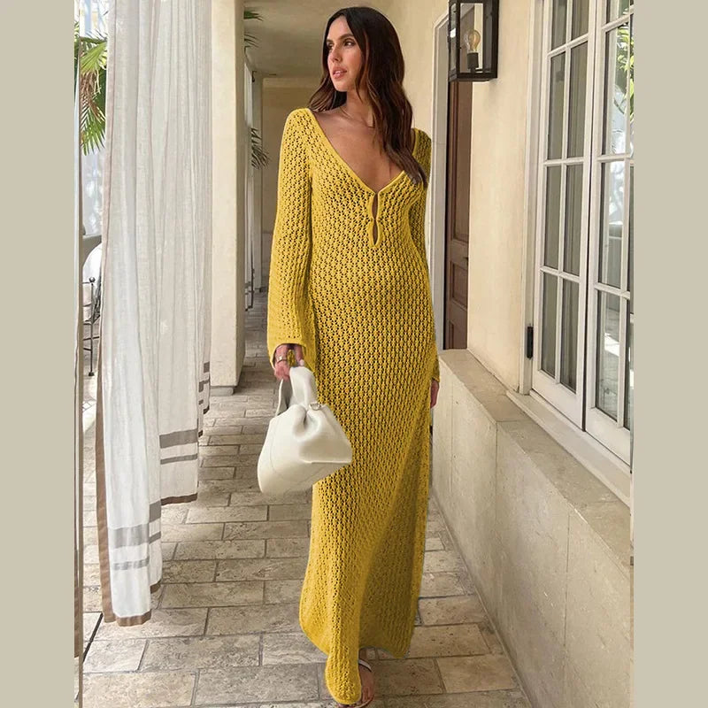 Knitted Maxi Beach Dress with Open Back and Pearl Pin Decoration - Lina