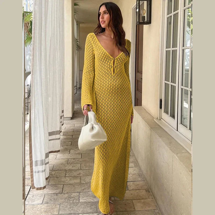 Knitted Maxi Beach Dress with Open Back and Pearl Pin Decoration - Lina