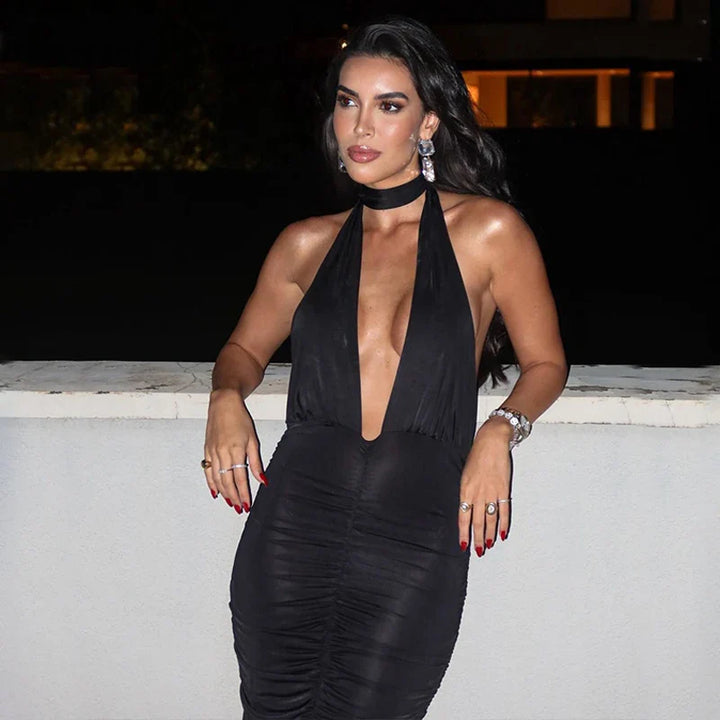 Maxi Dress with Collar, Ruching, Fitted V-Neck, Open Back - Jimena