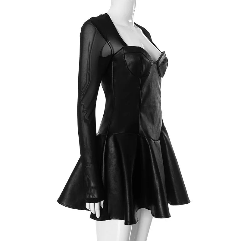 A-line faux leather mini dress with mesh sleeves - Ofek