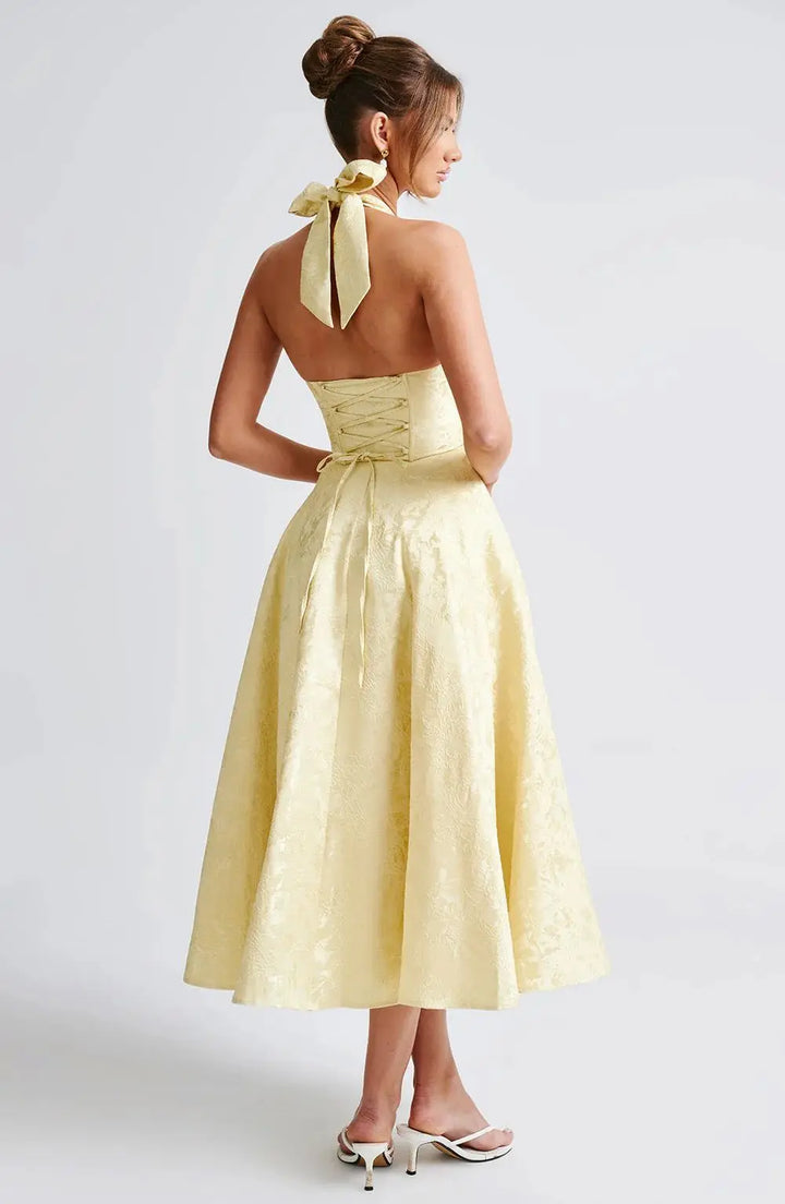 Midi A-Line Dress with Neck Tie, Open Back, Floral Embroidery Detail - Flora
