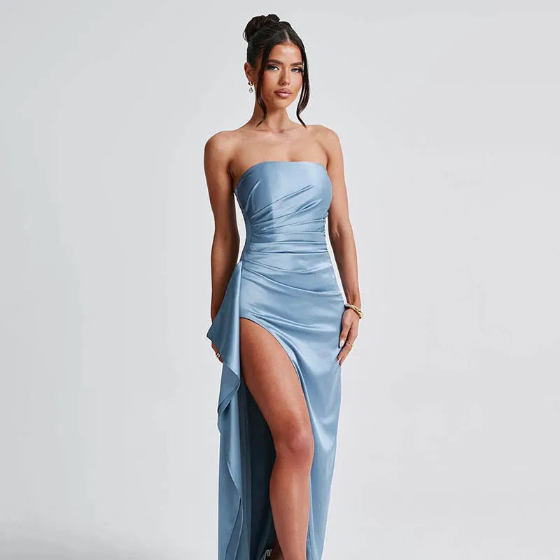 Strapless Satin Maxi Dress with Ruching and Slit - Amalia