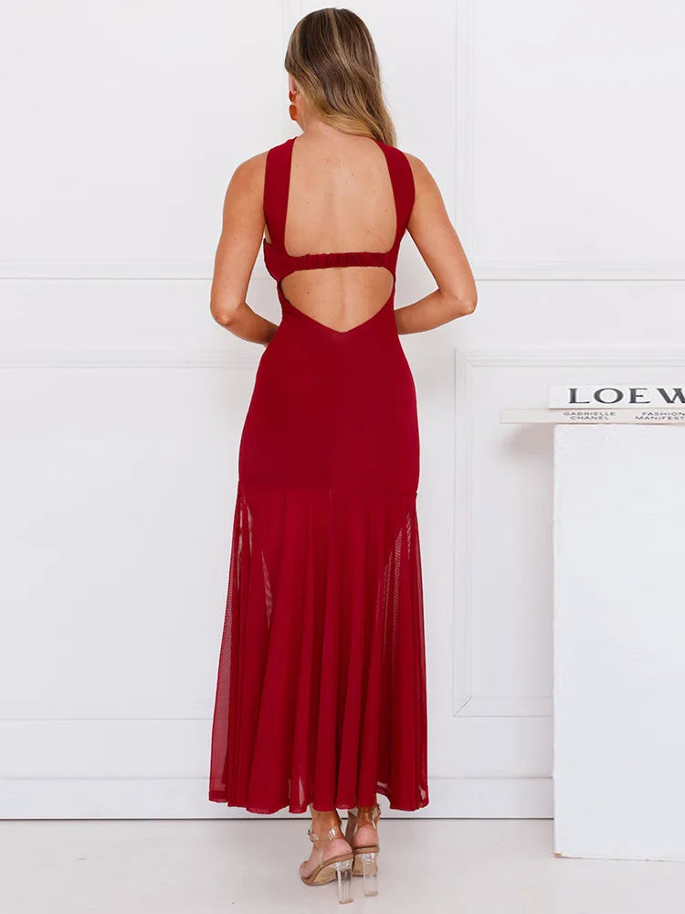 Maxi Collar Dress with Chiffon Detail and Open Back - Rachel