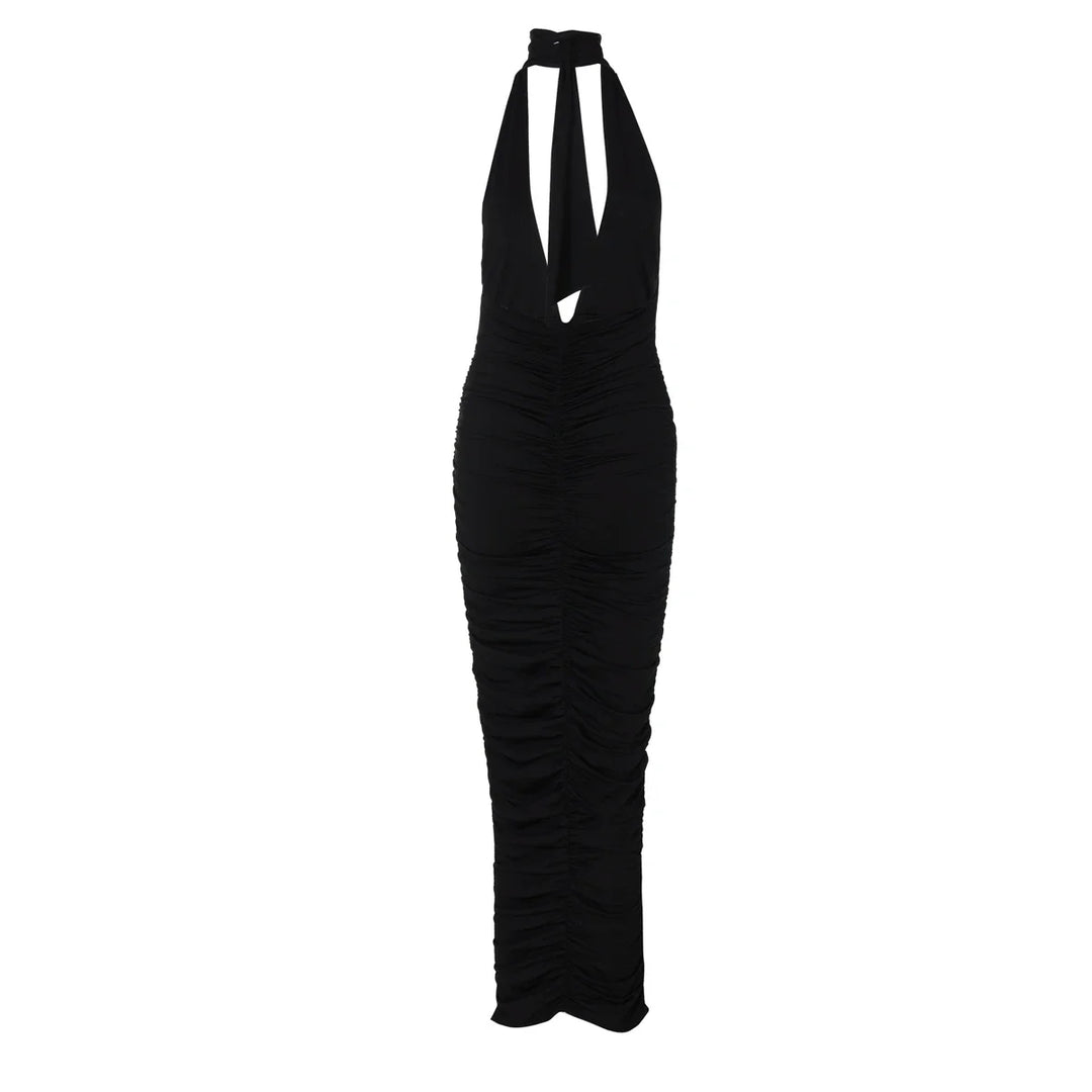 Maxi Dress with Collar, Ruching, Fitted V-Neck, Open Back - Jimena