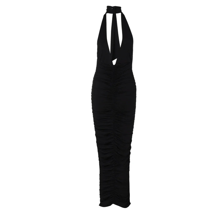 Maxi Dress with Collar, Ruching, Fitted V-Neck, Open Back - Jimena