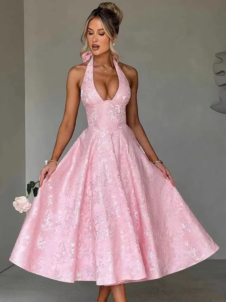 Midi A-Line Dress with Neck Tie, Open Back, Floral Embroidery Detail - Flora