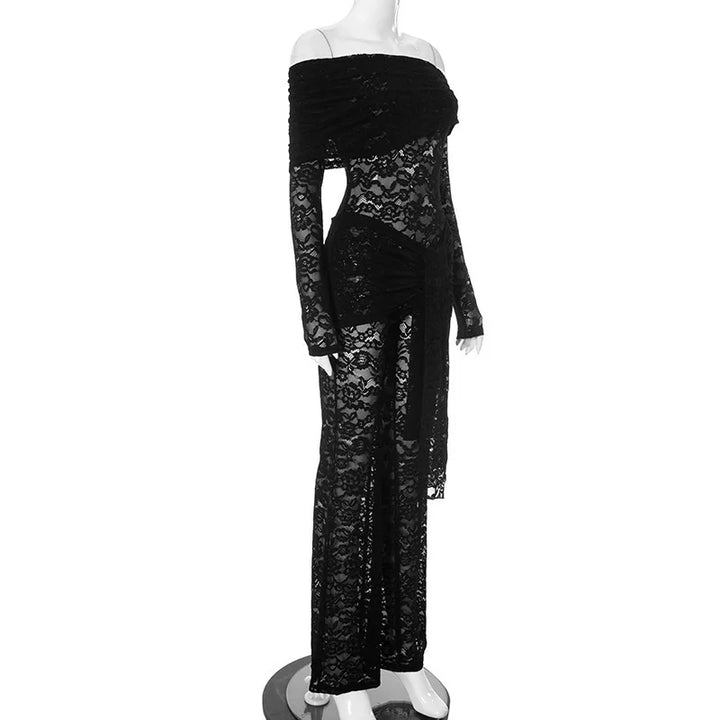 Lace jumpsuit with train and off-shoulder design - Gefen