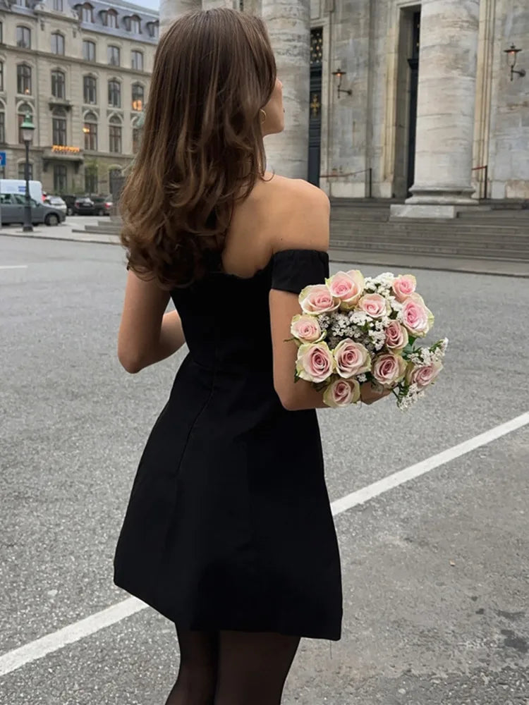 Mini A-line dress with off-shoulder V-neck - AMOR