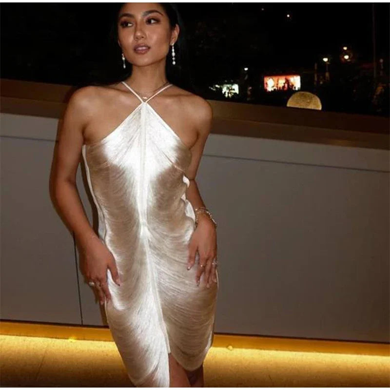 Mini Dress with Shiny Threads and Open Back - Georgia