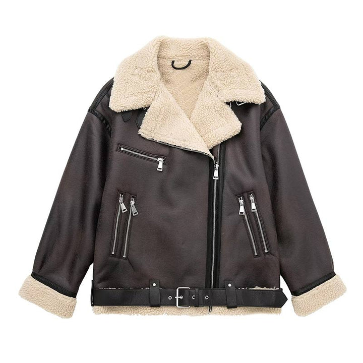 Oversized Leather Coat with Fur Lining - Kaya