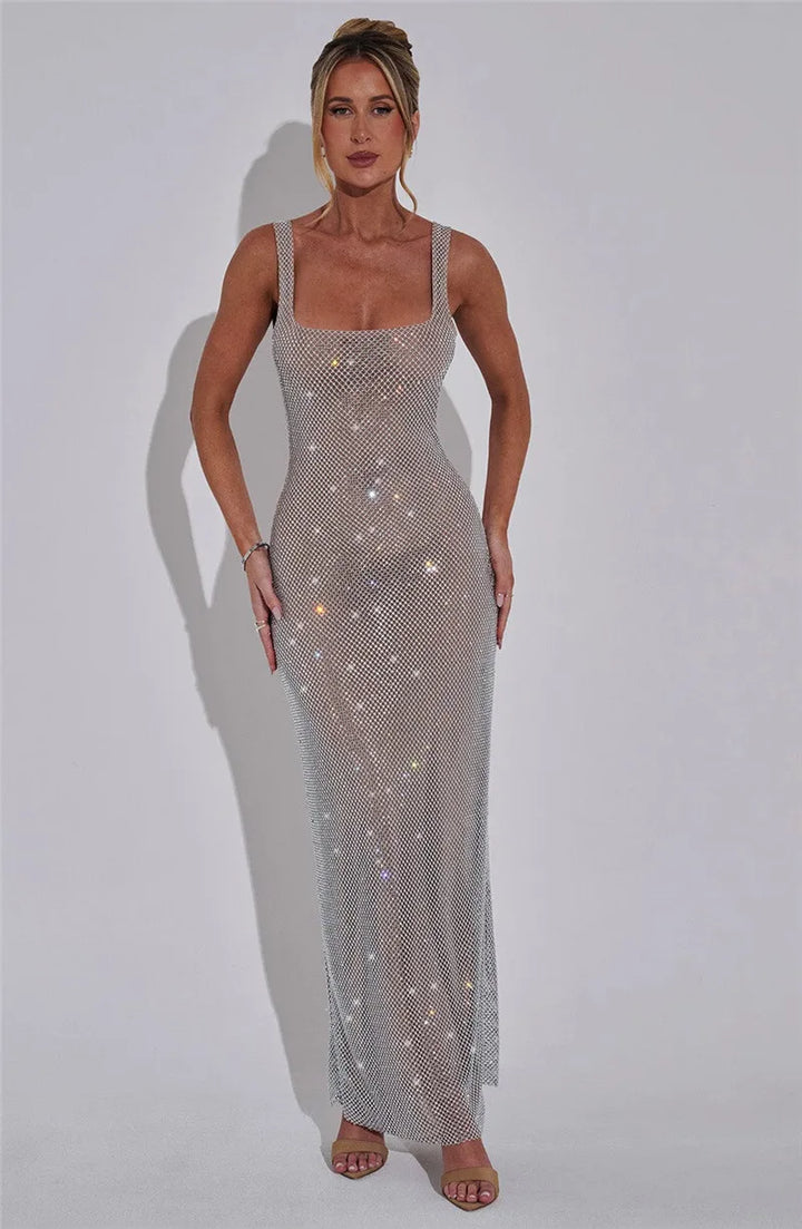 Mesh Maxi Dress with Sparkling Sequin Embellishment and Layered Skirt - Isla