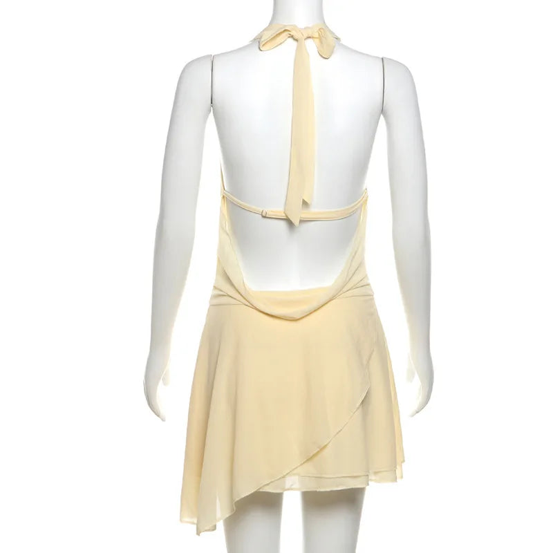 Ruffled Chiffon Mini Dress with Draped Collar and Open Back - Juliana