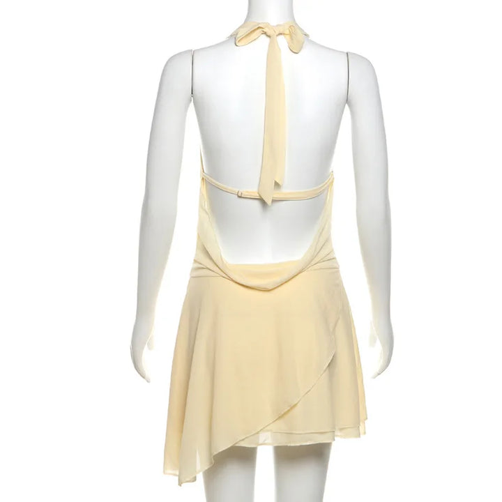 Ruffled Chiffon Mini Dress with Draped Collar and Open Back - Juliana