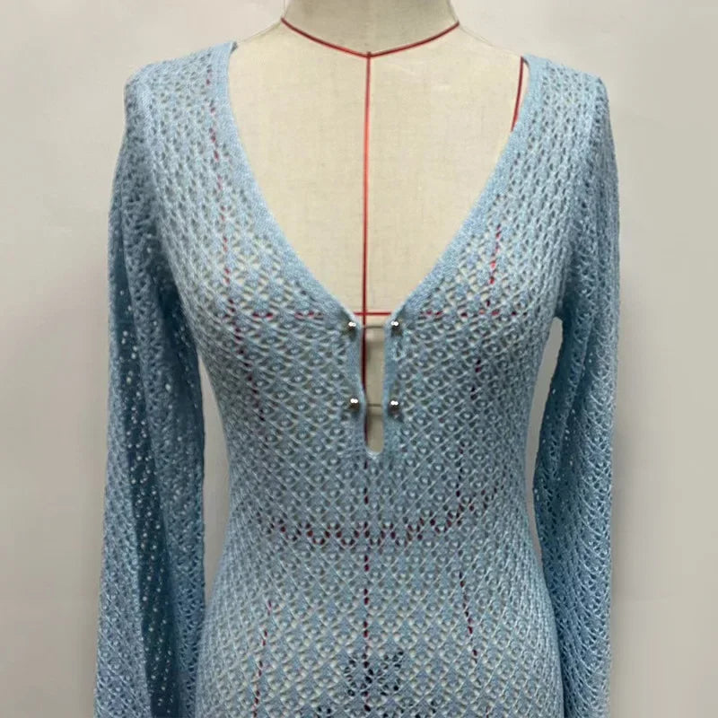 Knitted Maxi Beach Dress with Open Back and Pearl Pin Decoration - Lina