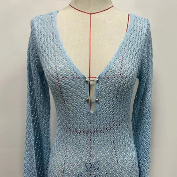 Knitted Maxi Beach Dress with Open Back and Pearl Pin Decoration - Lina