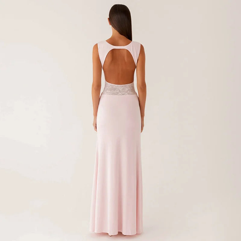 Maxi Dress with Lace and Pleats, Open Back - Lilin
